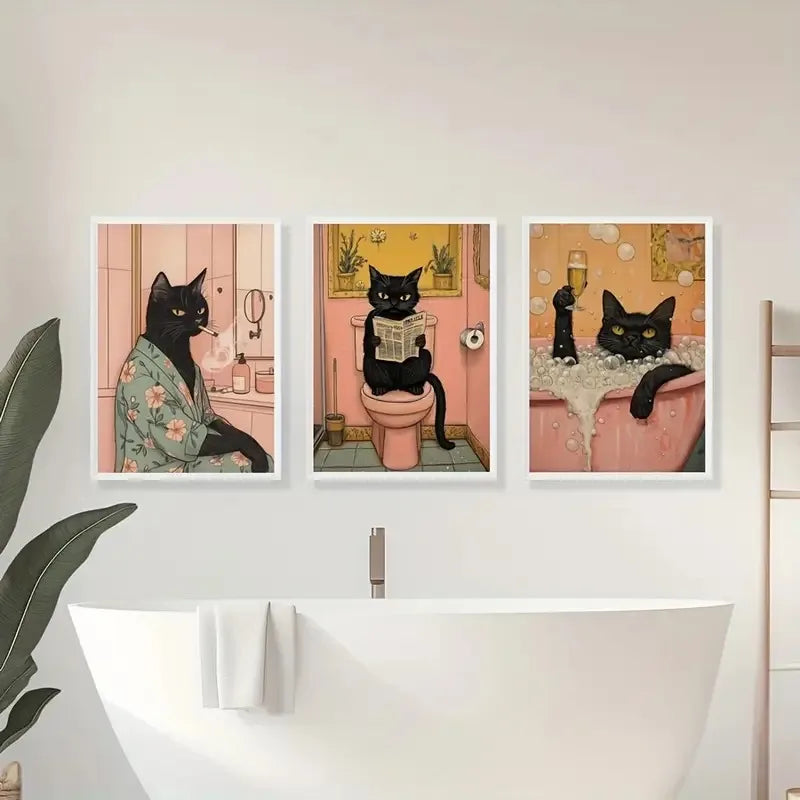 affiche toile chat noir rose décoration murale salon salle bain moderne illustration artistique
