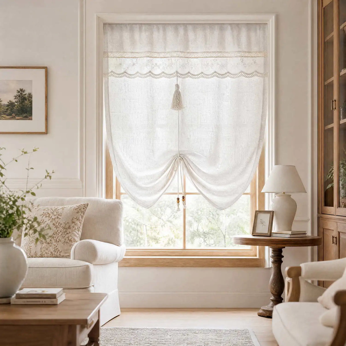 rideau blanc cassé semi transparent rustique dentelle franges tringle rideau chambre salon