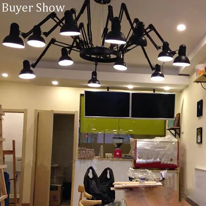 chandelier moderne suspension bras articulés noir blanc bois clair lumière