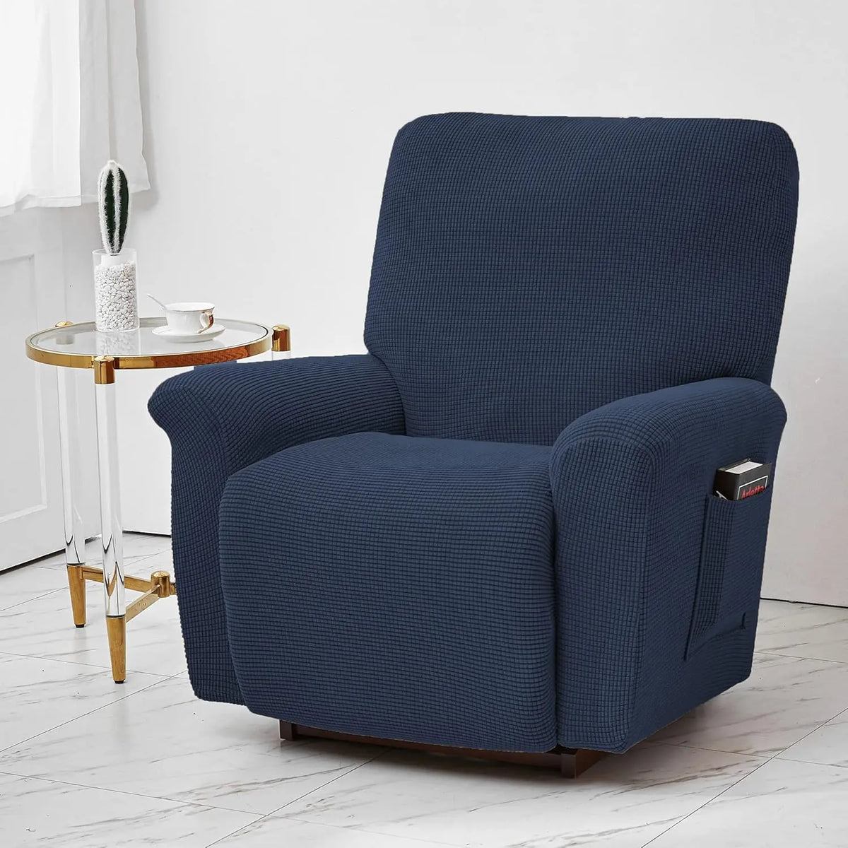 Housse fauteuil inclinable bleu noir gris jacinquée extensible moderne poche adhésif lavage machine