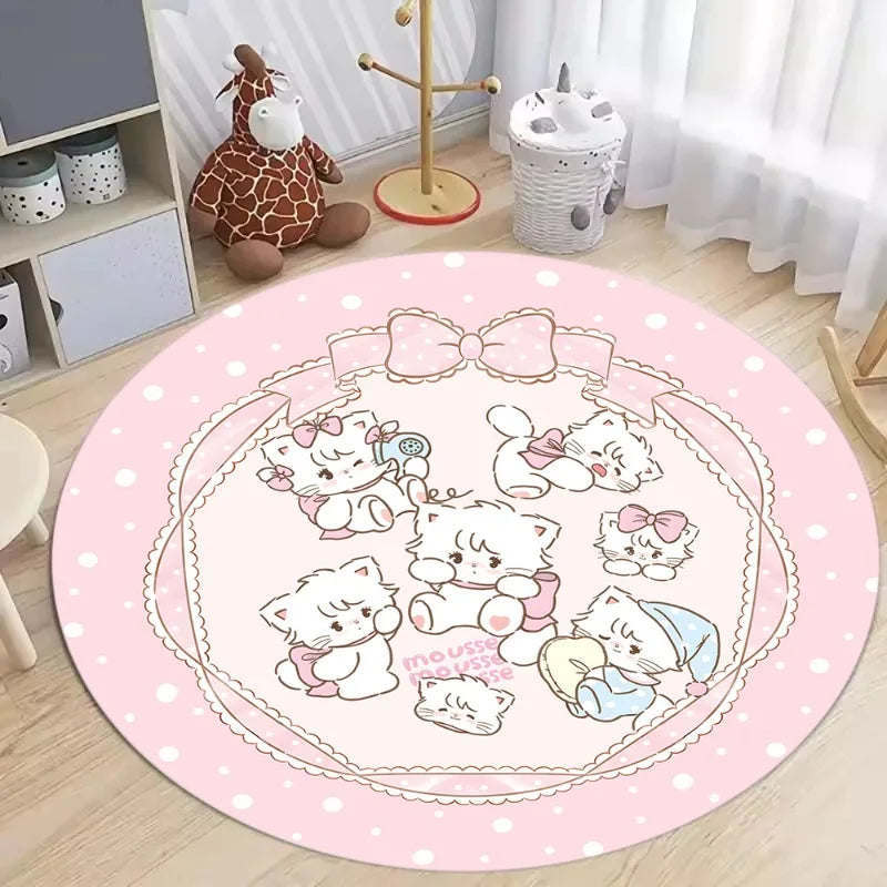 tapis rond dessin animé chats mignons pois blancs rose salon chambre antidérapant polyester