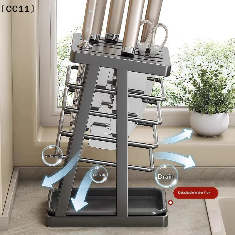 porte couteaux contemporain gris métallisé couteaux ciseaux plateau détachable minimalisterangement efficace ustensiles cuisine