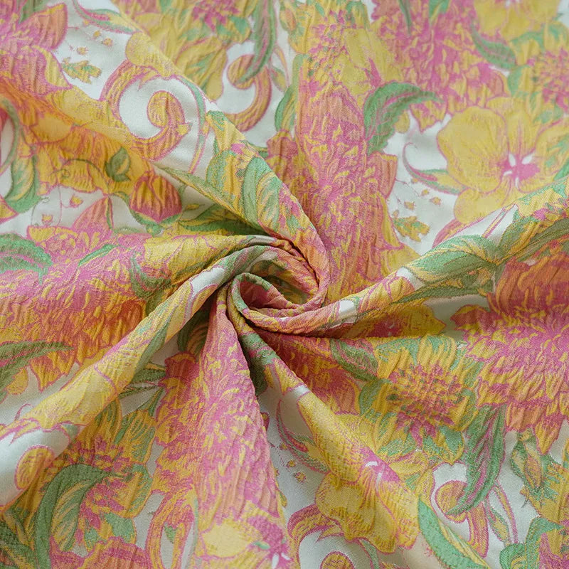 tissu polyester imprimé floral blanc rose jaune vert protection uv bricolage opacité largeur 144cm