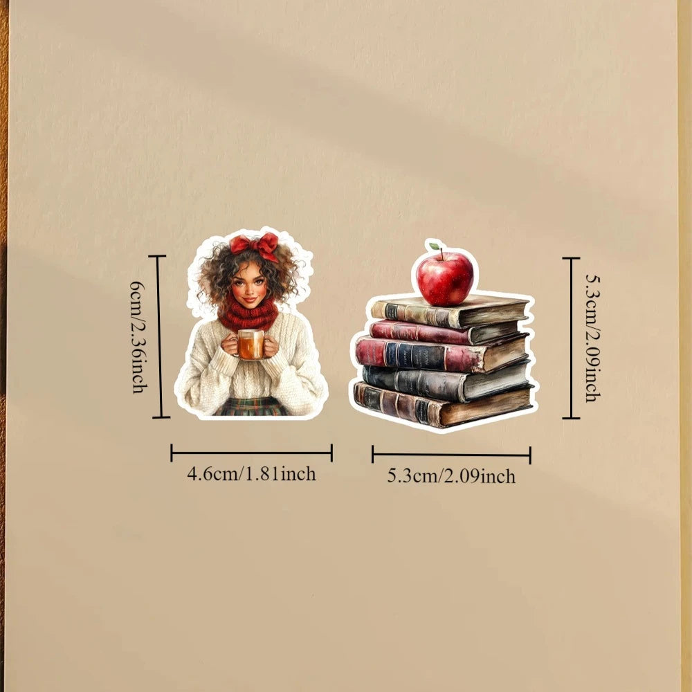stickers decoratifs aquarelle personnes pommes livres nourriture chouette rubans bougies fauteuil automnal cozy cottagecore