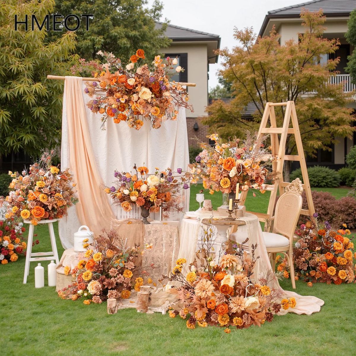 décoration boho chic bouquet fleurs artificielles orange rose table extérieur événement
