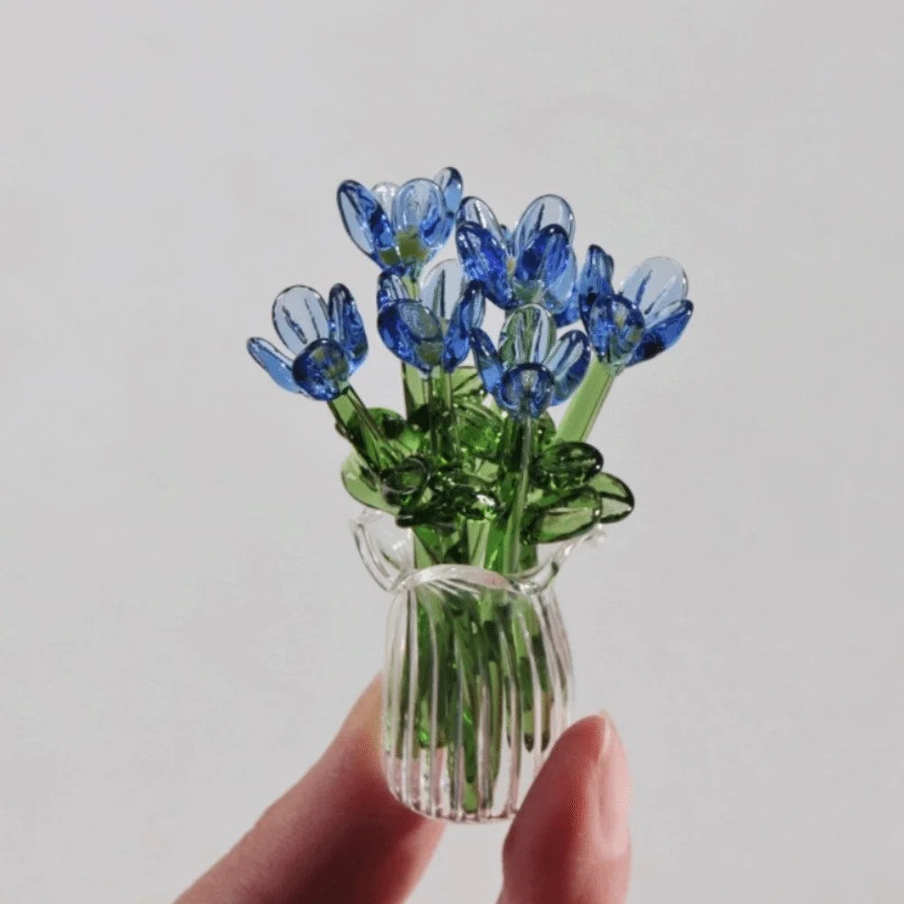 bouquet artificiel violet jaune vert blanc bleu orange feuilles vertes miniature vase transparent six
