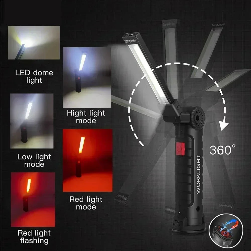 lampe torche rechargeable aimantée port usb type led camping noir.texture anti dérapante.mode faible haute