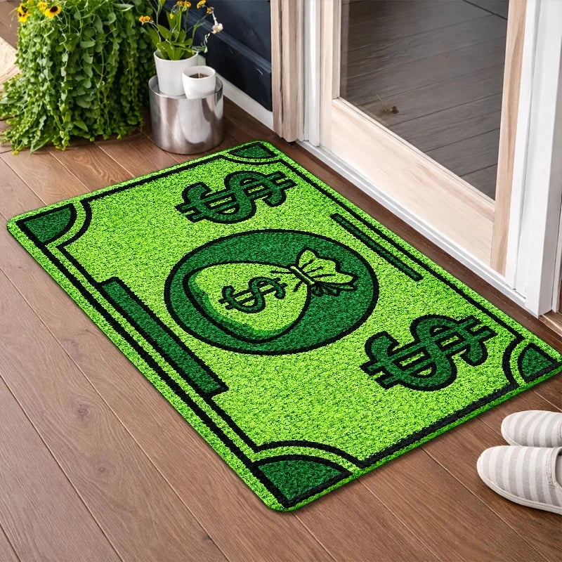tapis moderne résistant vert bleu beige rouge blanc motifs monnaies gouttes feuilles plumes points