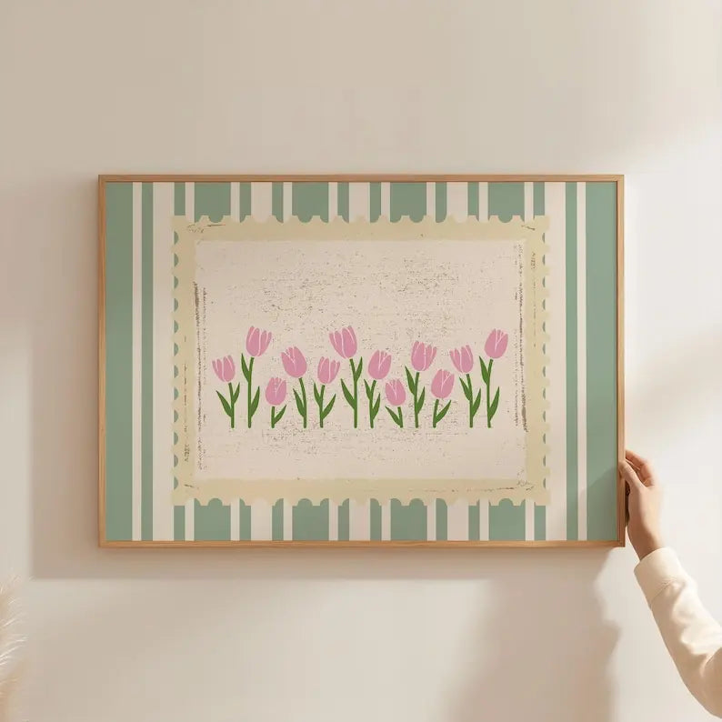 tableau moderne tulipes vertes rose toile sans cadre chambre salon minimaliste