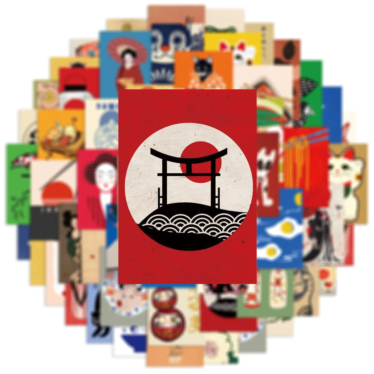 stickers japonais modernes motifs geisha chats ukiyo colorés pack 50 100 pieces