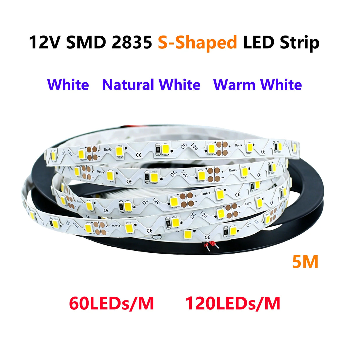 ruban led shaped 60leds 120leds 5m blanc blanc chaud adhésif moderne 2800k 6500k 12v