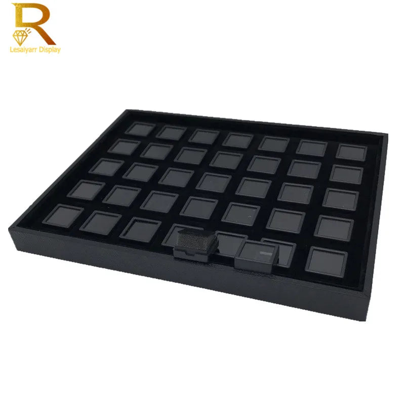 boîtes bijoux velours noir gris 24 compartiments grands compartiments contemporains adhésifs exposicionnement magasin