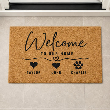 tapis d'entrée personnalisable marron clair texture coriandre antidérapant moderne noms icones housewarming gift