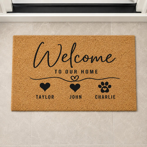 tapis d'entrée personnalisable marron clair texture coriandre antidérapant moderne noms icones housewarming gift