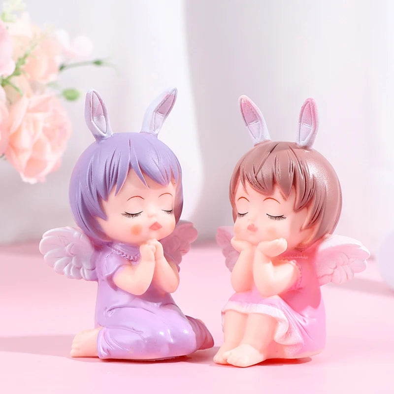 figurine ange oreilles lapin kawaii rose violet marron clair effet céramique fleurs nuage decoration