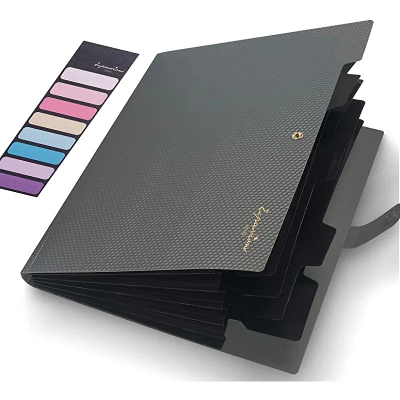 classeur compartiments gris bleu clair pochettes onglets texture micro perforée moderne fonctionnel snap closure