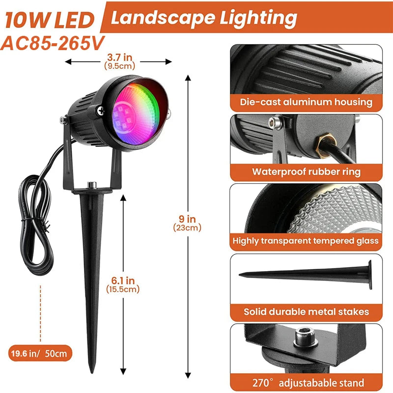 projecteur paysager led 10w rgbw ip65 noir moderne télécommandeextérieur ac85265v