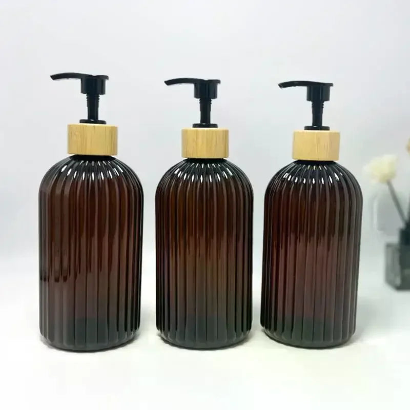 flacon pompe noir marron vert olive rayures verticales moderne élégant 500ml rechargeable shampoing lotion