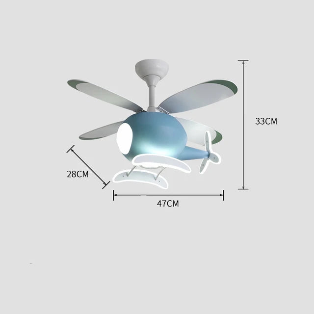 ventilateur moderne hélicoptère bleu rose enfantin led télécommande lumières