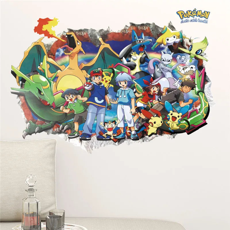 sticker mural 3d pokemon pikachu personnages animés arrière plan naturel adhésif