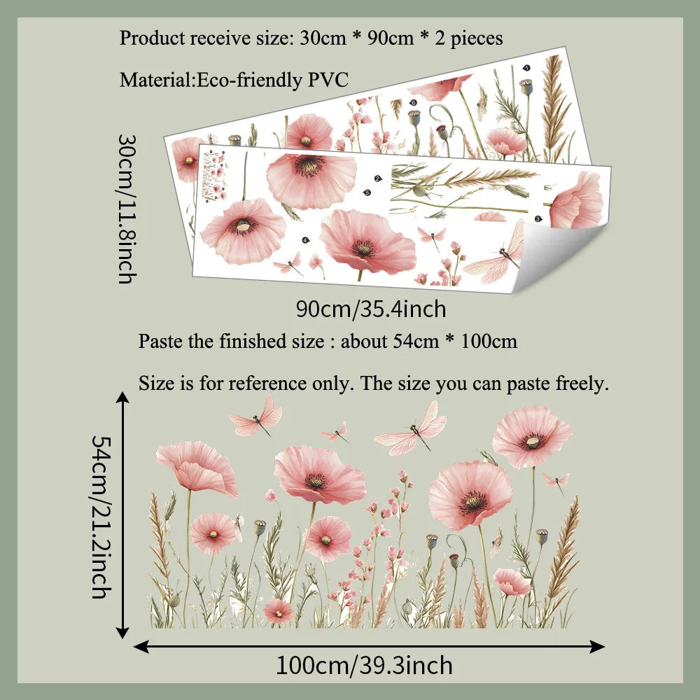 autocollants muraux fleurs roses dragonflies feuilles décoration murale intérieure pvc autoadhésifs naturel pastoral 54cm