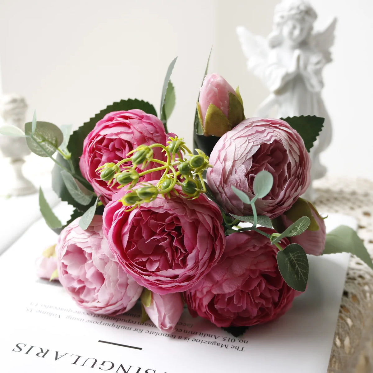 bouquet fleurs artificielles rose pivoine gypsophila mariage anniversaire décoration intérieureextérieur 30cm