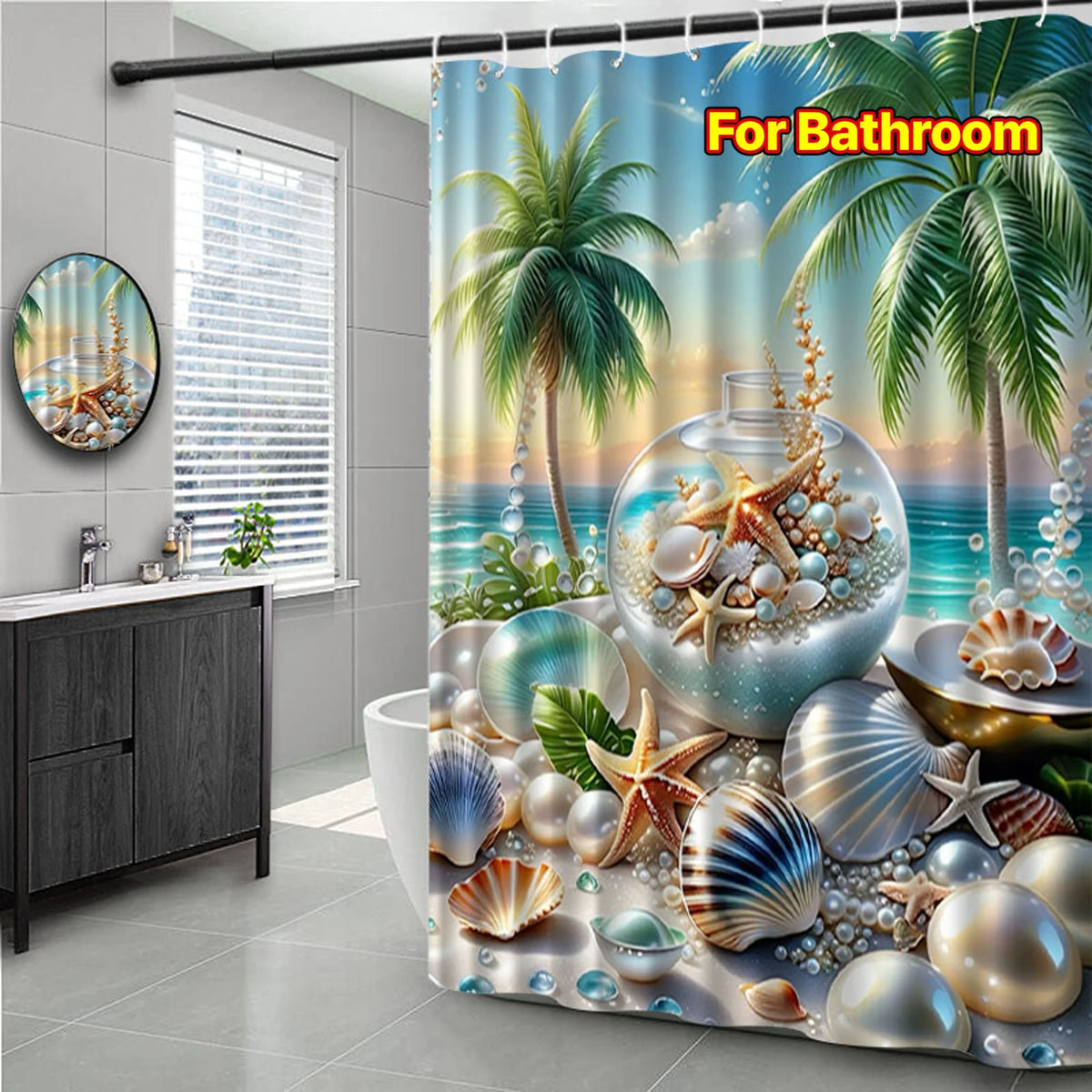 rideau douche plage palmiers coquillages bleu vert moderne opacité anneaux rideau