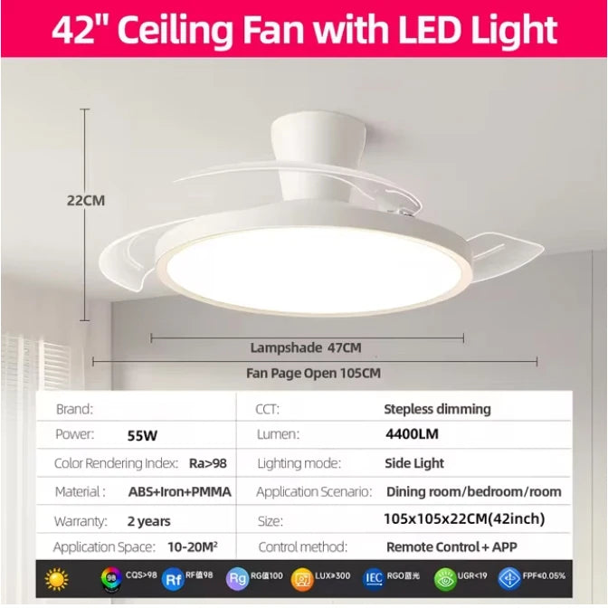 ventilateur moderne blanc led pales télécommande ac220v invisible lumineux cuisine