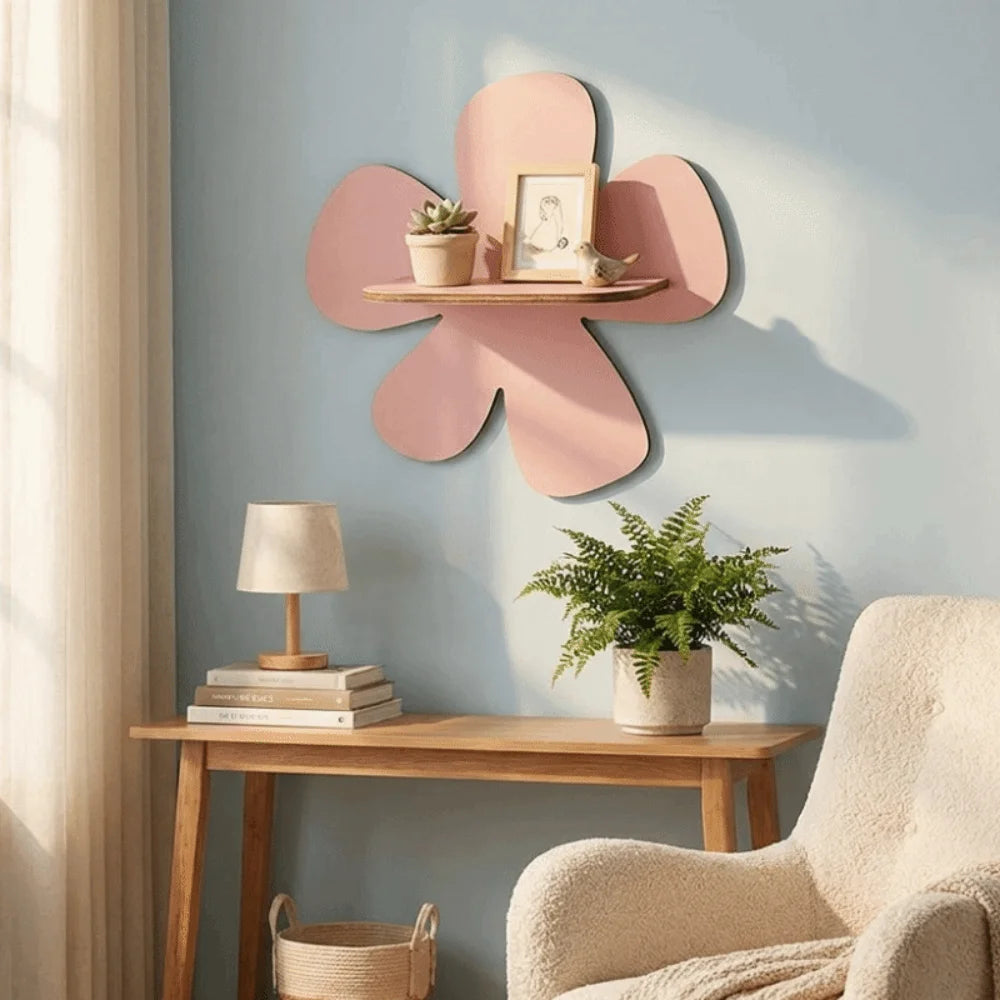 étagère murale bois fleur rose violette moderne adhésive plantes objets deco chambre enfants