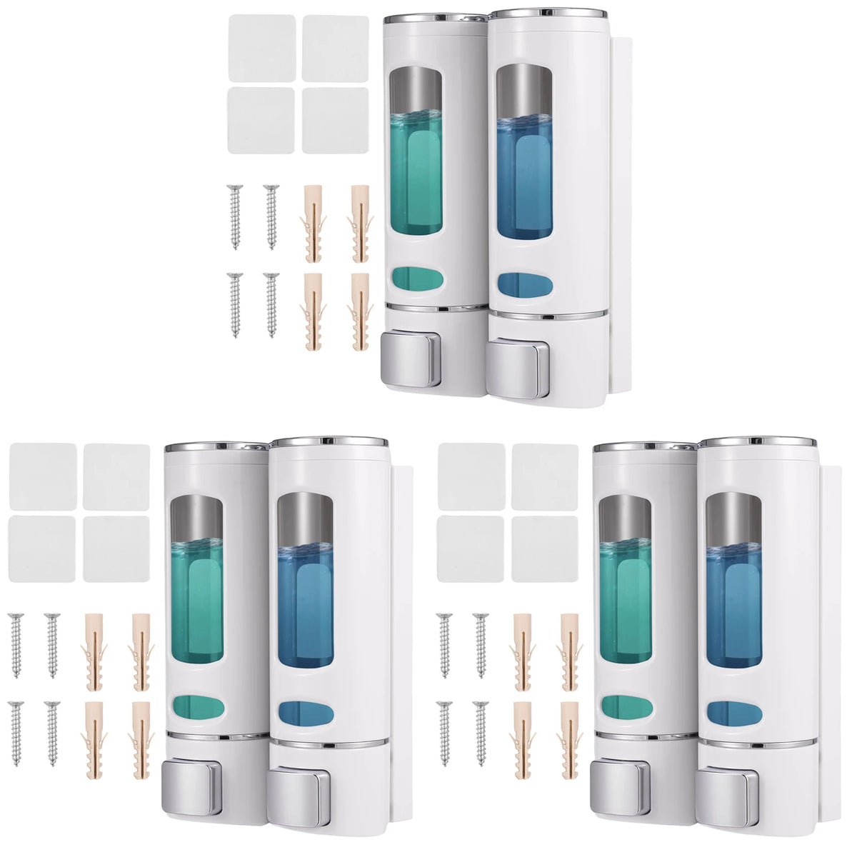 distributeur savon liquide moderne blanc gris bleu vert transparent vis fixations salle bain