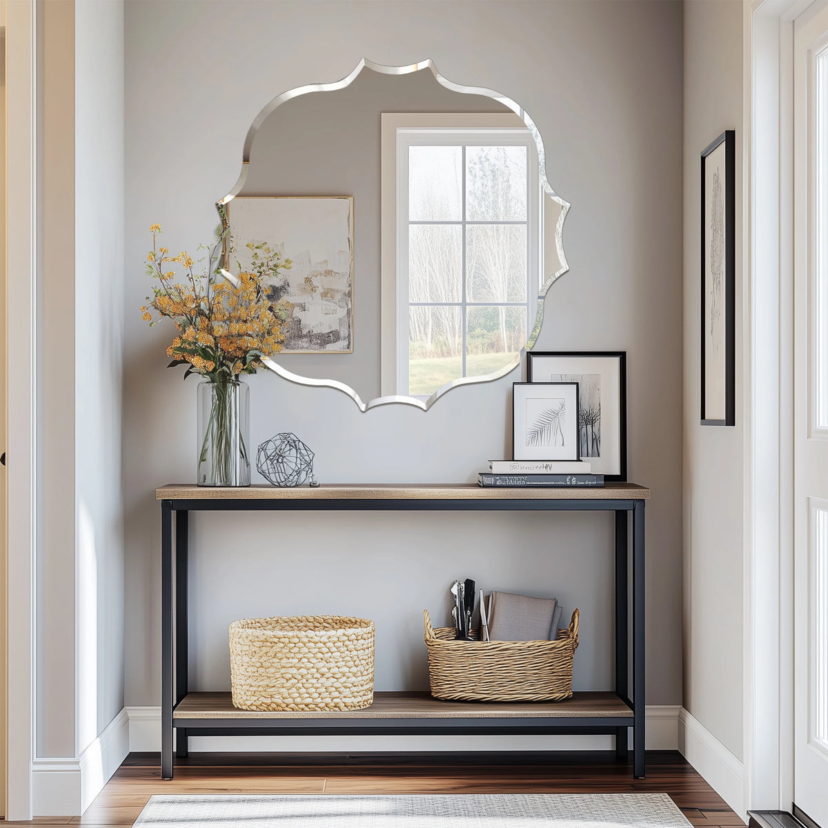 miroir moderne argenté bord dentelé sans cadre portable 80cm 80cm autonome