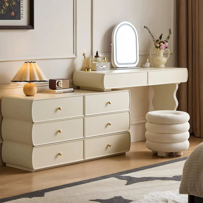 coiffeuse moderne commode six tiroirs miroir intégré tabouret tapis étoiles beige