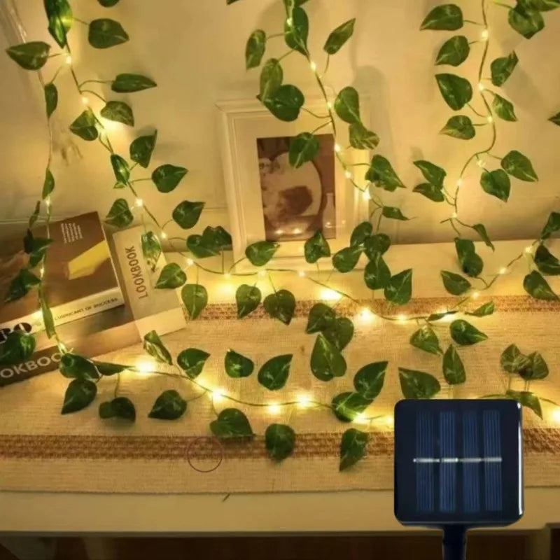 guirlande lumineuse solaire feuilles vertes lumières blanches moderne adhésif panneau solaire décoration extérieure noël