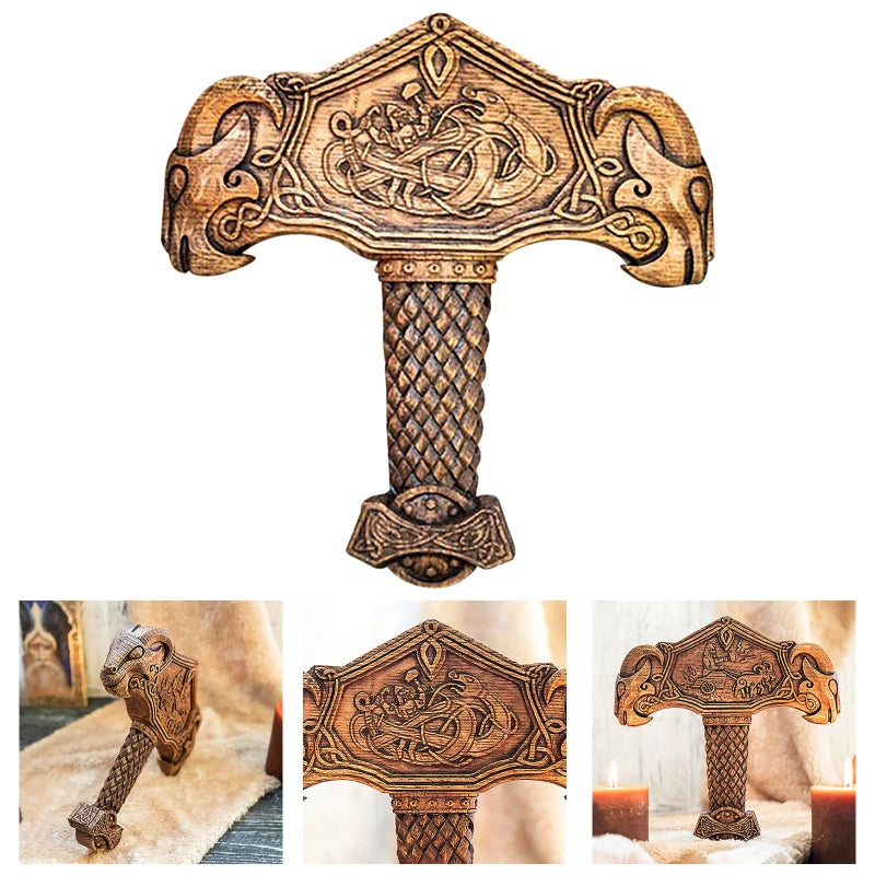 ornement viking marteau mjolnir sculpture celtique decoratif nordique brun foncé motifs animaux char
