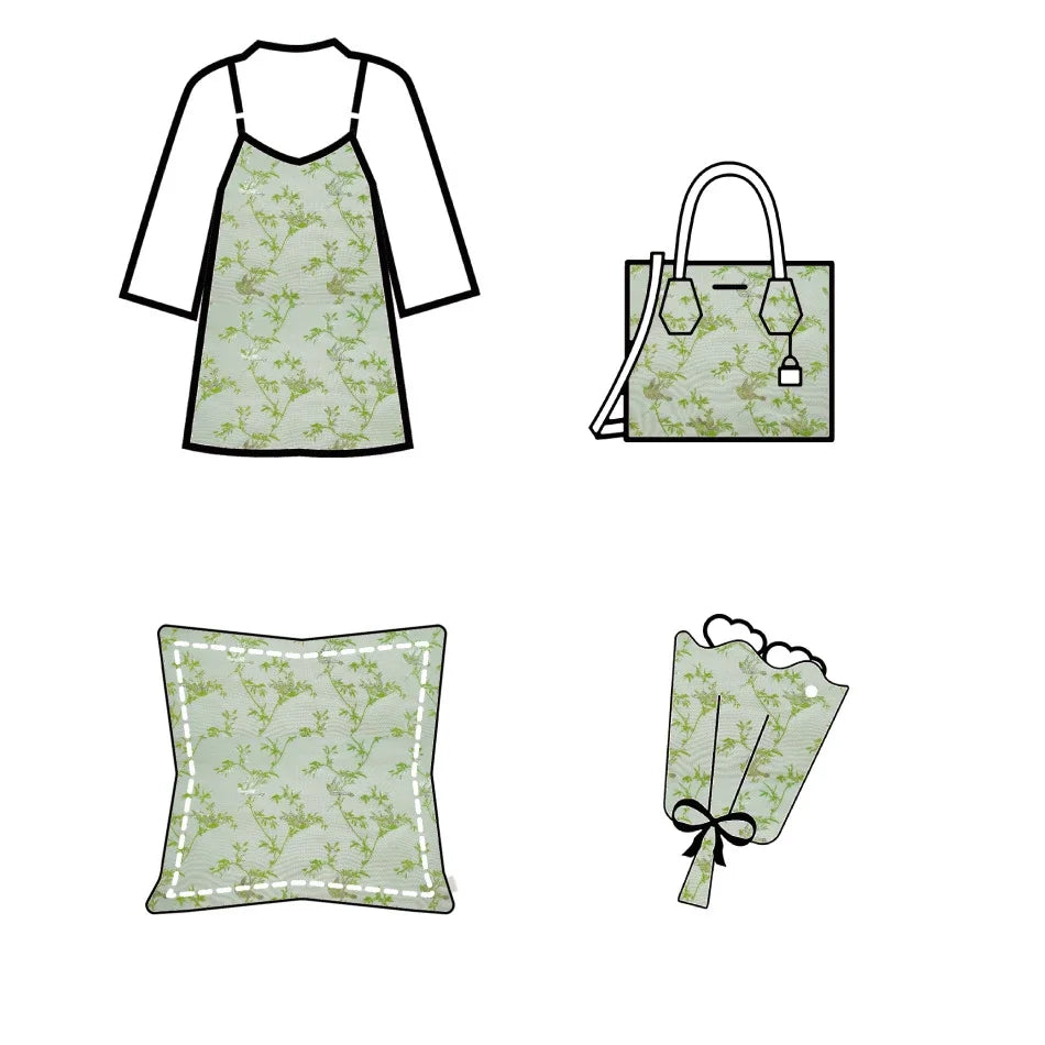 tissu brocart vert feuilles branches oiseaux motifs decoratifs polyester large 150cm variable opacity floral