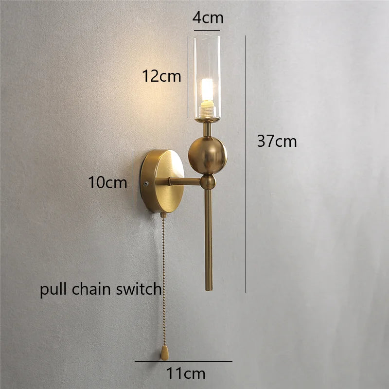 lampe murale moderne or noir sphères métalliques tube verre translucide pull chain switch fixée