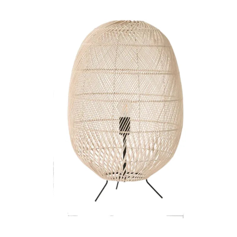 lampe sol moderne rattan tressé beige clair pieds noirs câble noir 11 15w led
