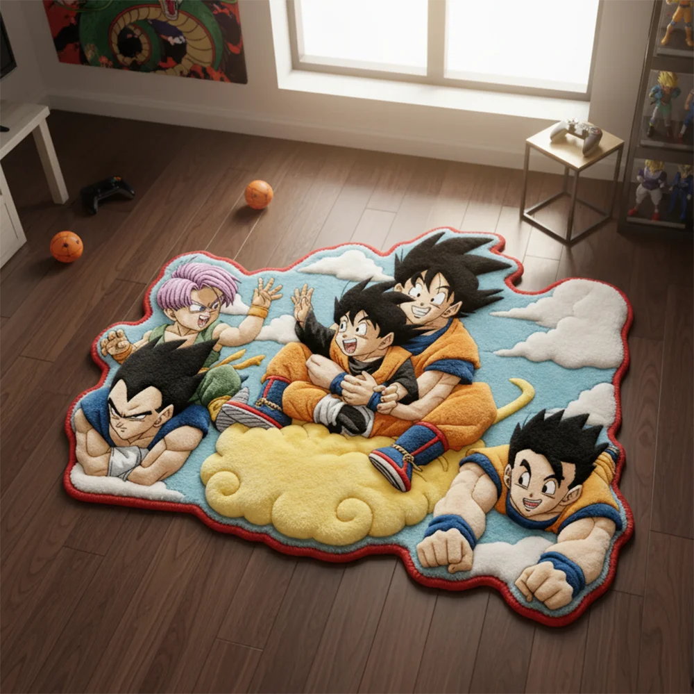 tapis dragon ball personnages bleu jaune orange noir velours anime dessin animé chambre enfant