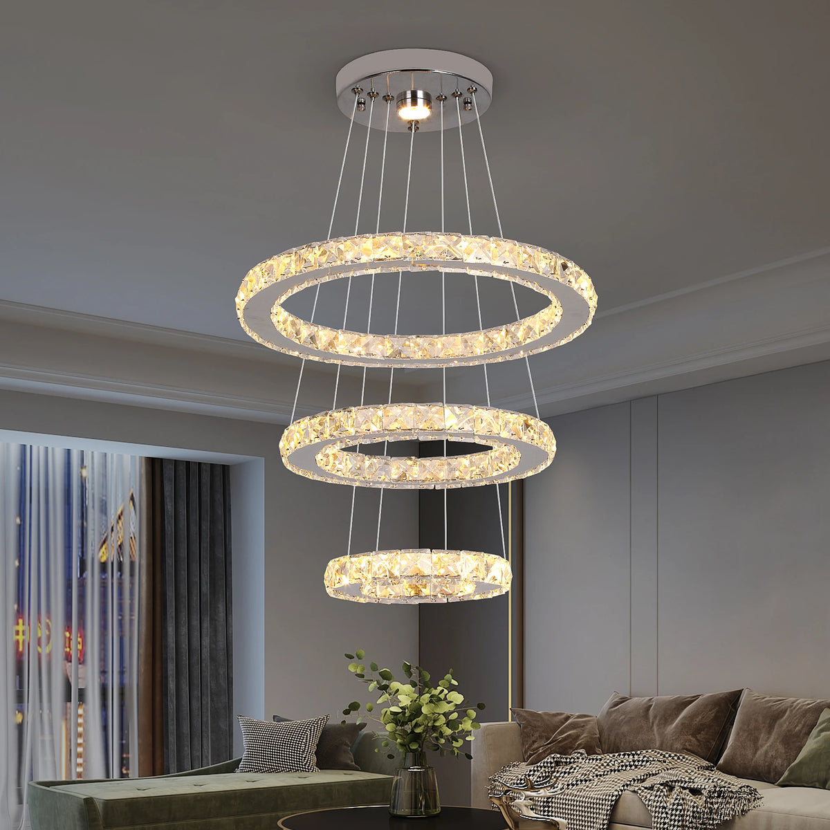 Suspension lumineuse moderne acier inoxydable blanc doré strass brillant 20+ LED dimmable télécommande