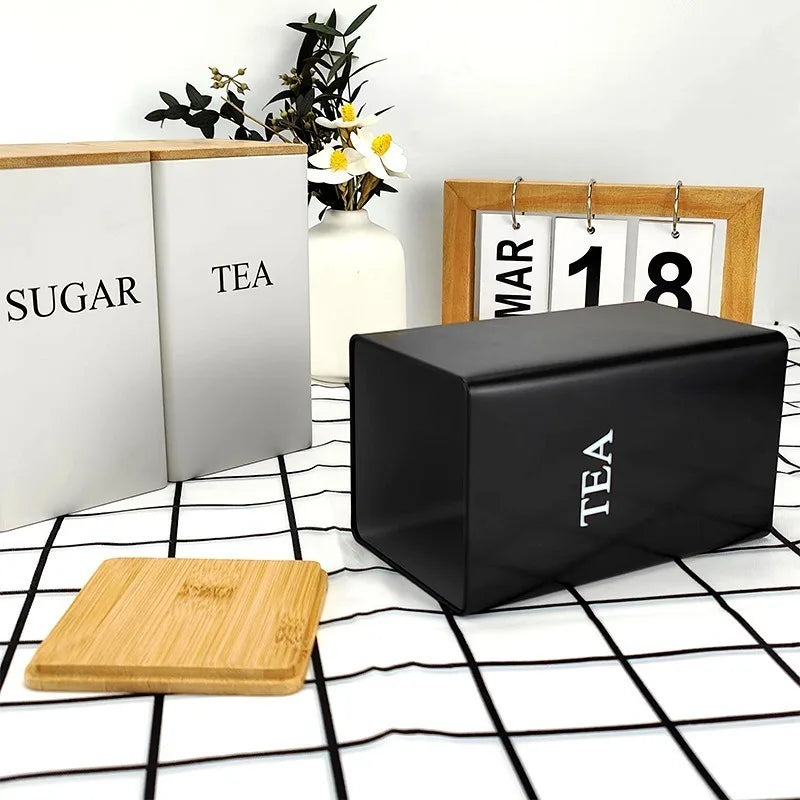 boîtes rangement sucre thé bambou noir blanc couvercle métal minimaliste respectueux environnement