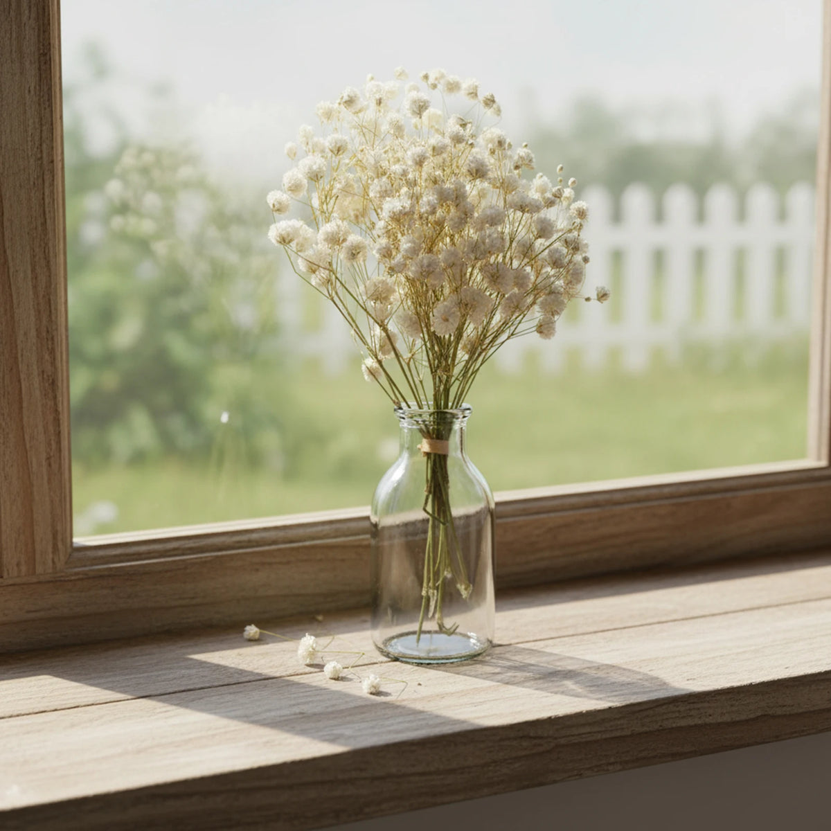bouquet fleurs séchées baby's breath gypsophile herbe amours décoration mariage intérieur vase transparent