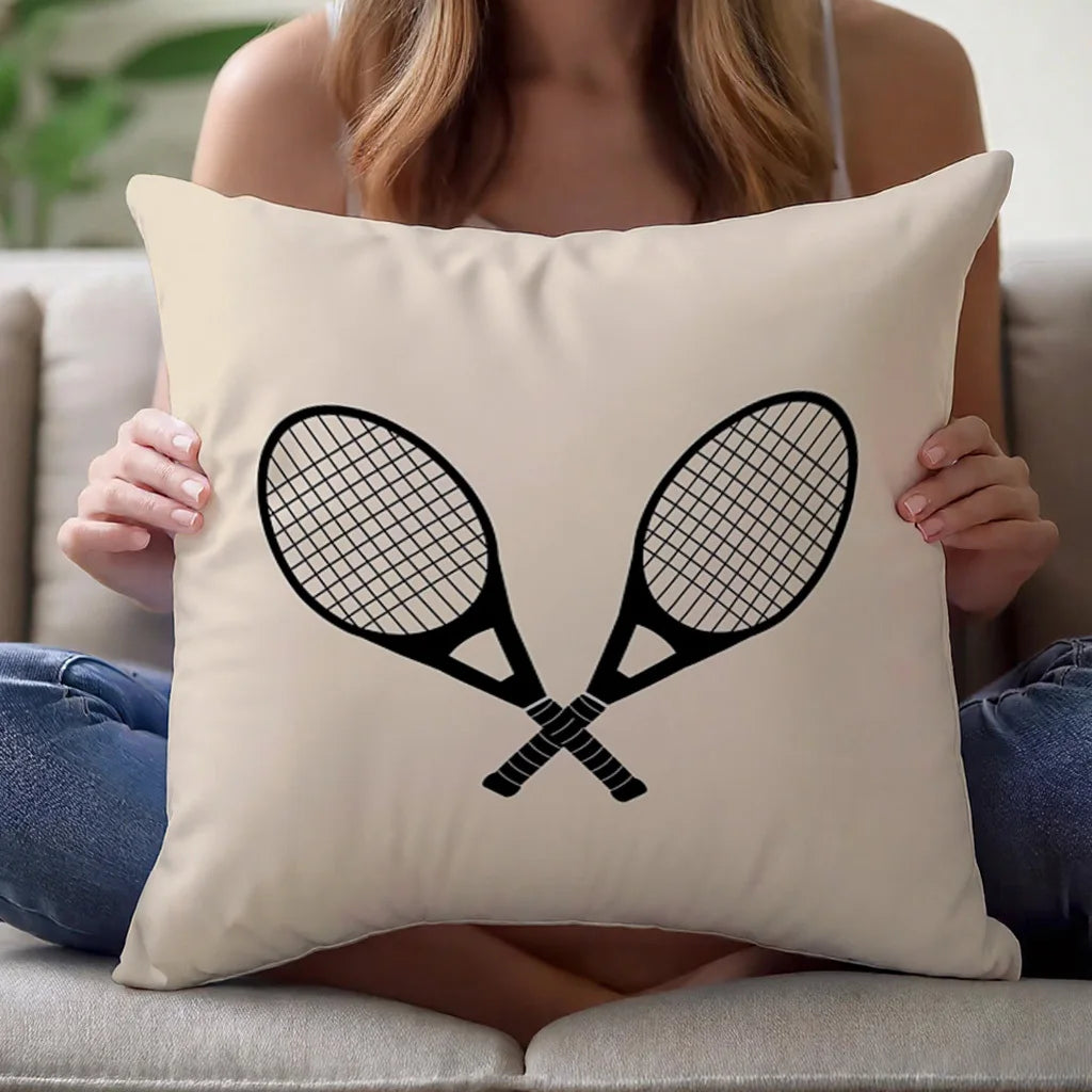 housse coussin moderne motif raquettes tennis beige dimensions 45x45cm respectueux environnement non toxique polyester