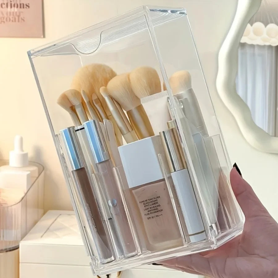 boîte rangement transparente pinceaux maquillage fond teint correcteur salle bain moderne minimaliste réutilisable