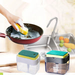 distributeur savon liquide éponge intégrée adhésif transparent gris jaune vert moderne pratique