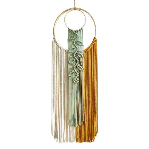 décoration murale bohème macramé feuille verte noeuds franges moderne chambre salon