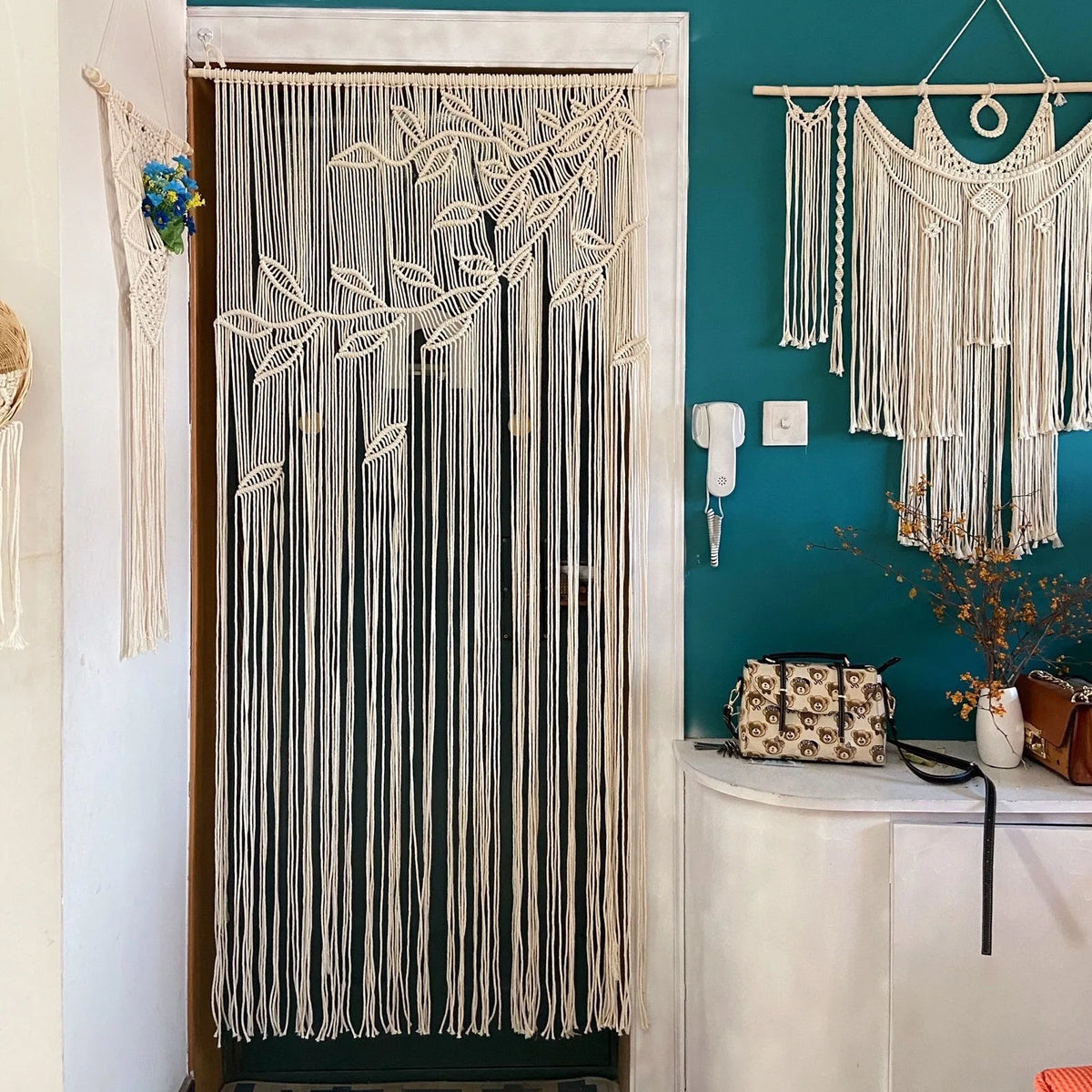 rideau macramé blanc crème motifs géométriques franges boho chic crochet métallique