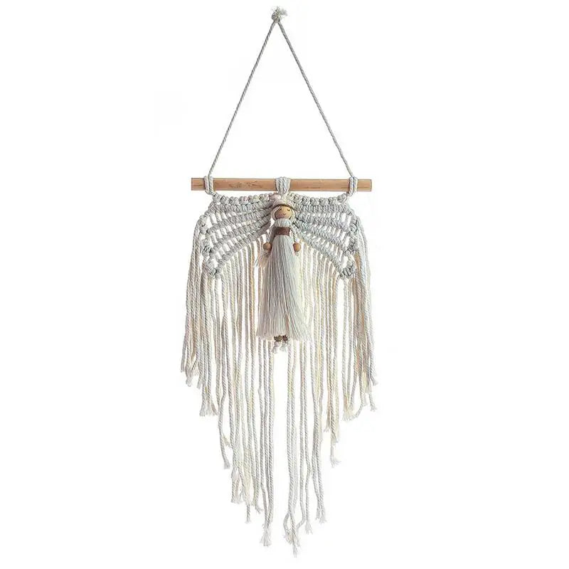 décoration murale macramé géométrique bohème franges suspendu tige bois ethnique artisanal triangles losanges