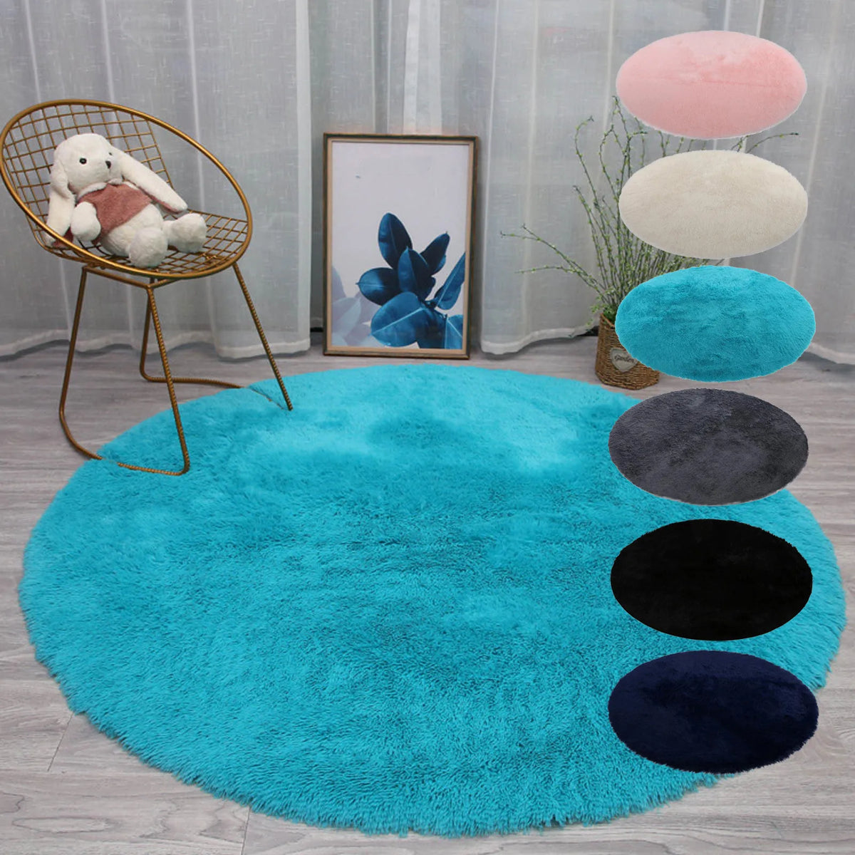 tapis rond uni fourré moderne polyester durable sans peluches noir bleu blanc rose