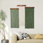 rideau franges vert olive blanc moderne minimaliste coton tissé main finition bois