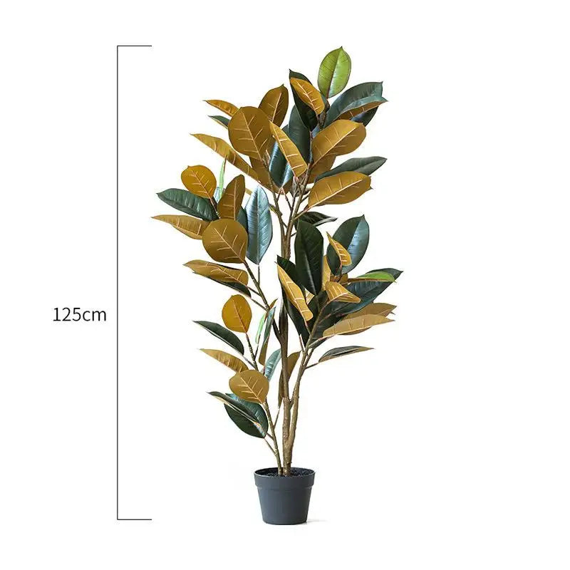 plantes artificielles grandes feuilles vertes pots colorés décoration intérieure table basse canapé fauteuil abstrait